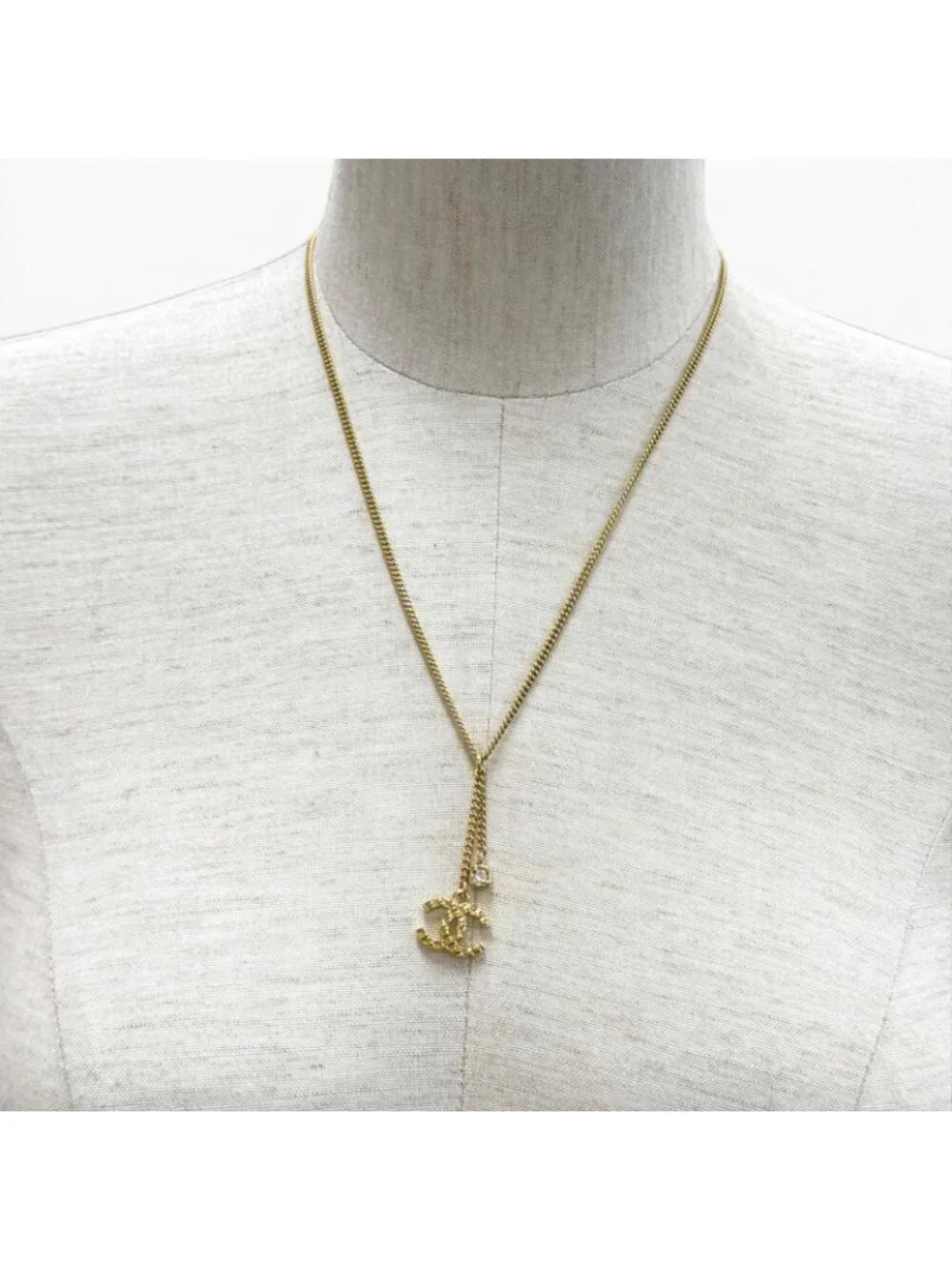 Chanel CC Logo Quilted Rhinestone Necklace Gold French